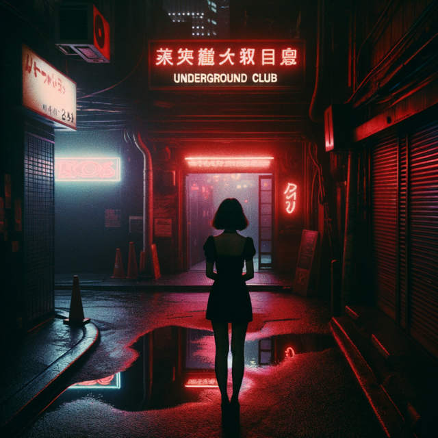 Solitary figure outside a dimly lit underground club entrance at night
