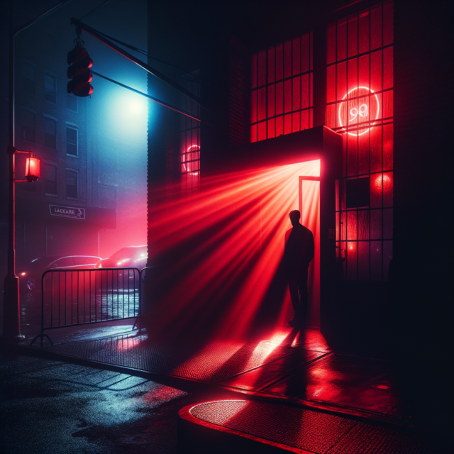 Dark nightclub entrance with red neon glow and a figure walking away