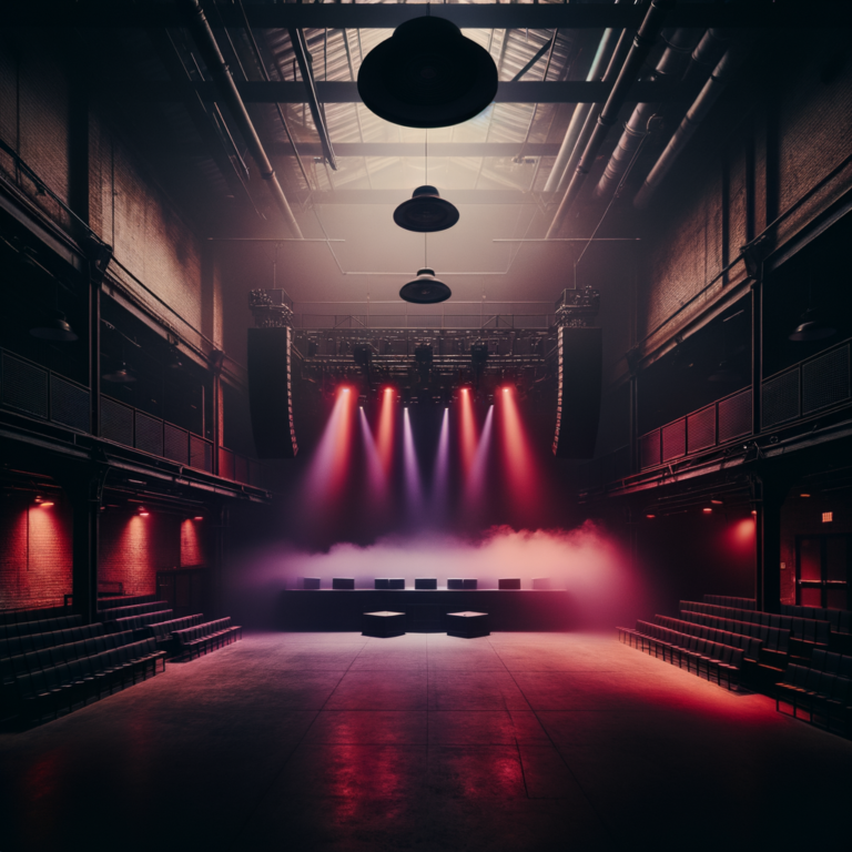 Empty nightclub stage with dramatic red lighting and fog