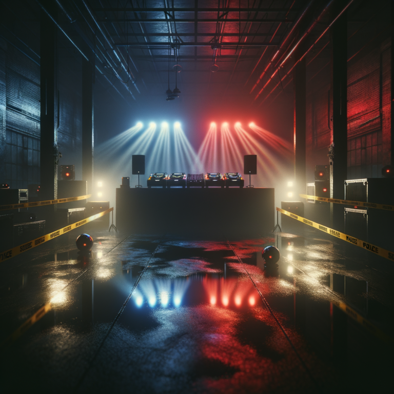 Dark empty warehouse venue after police raid with caution tape and harsh lighting