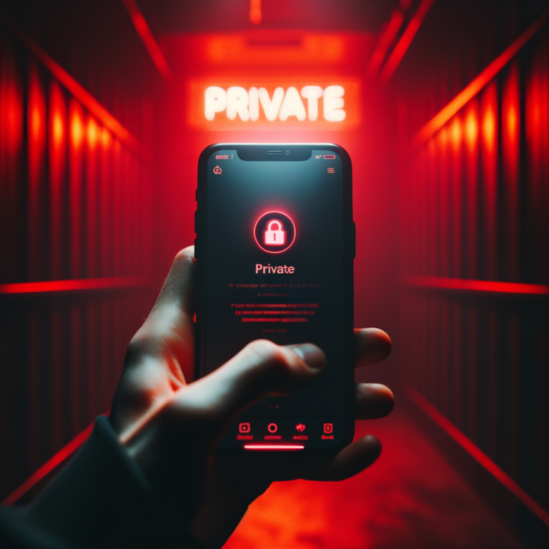 Hand holding smartphone at a dark club entrance showing a private profile