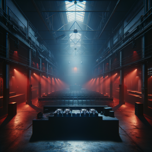 Dark empty warehouse venue with DJ equipment and moody industrial lighting