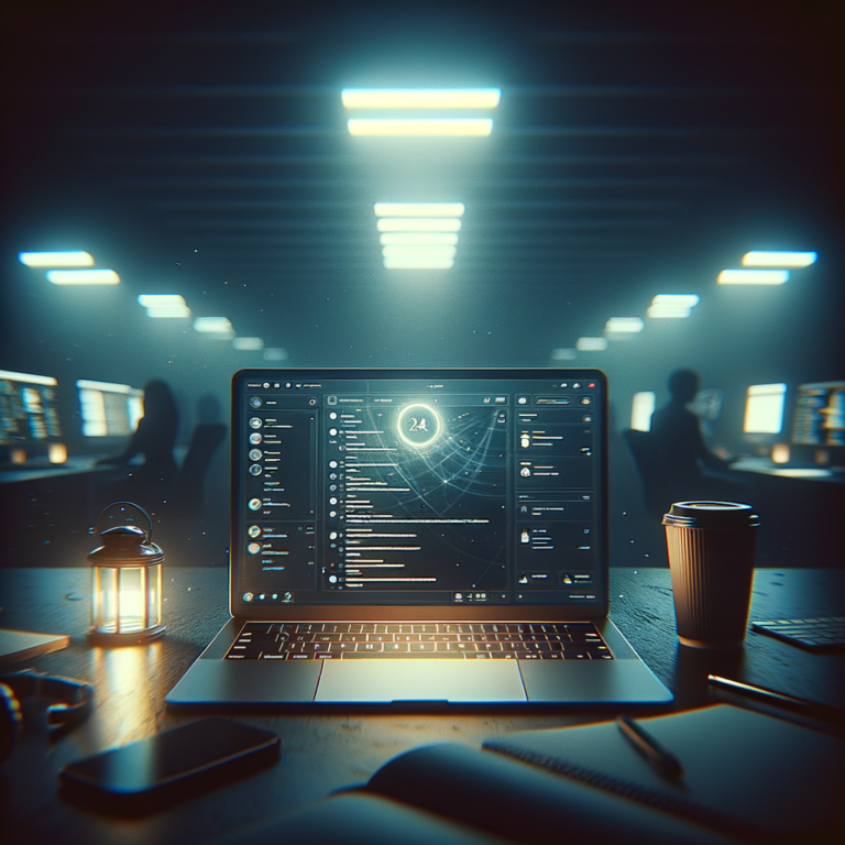 Laptop glowing in a dark room with Discord chat visible