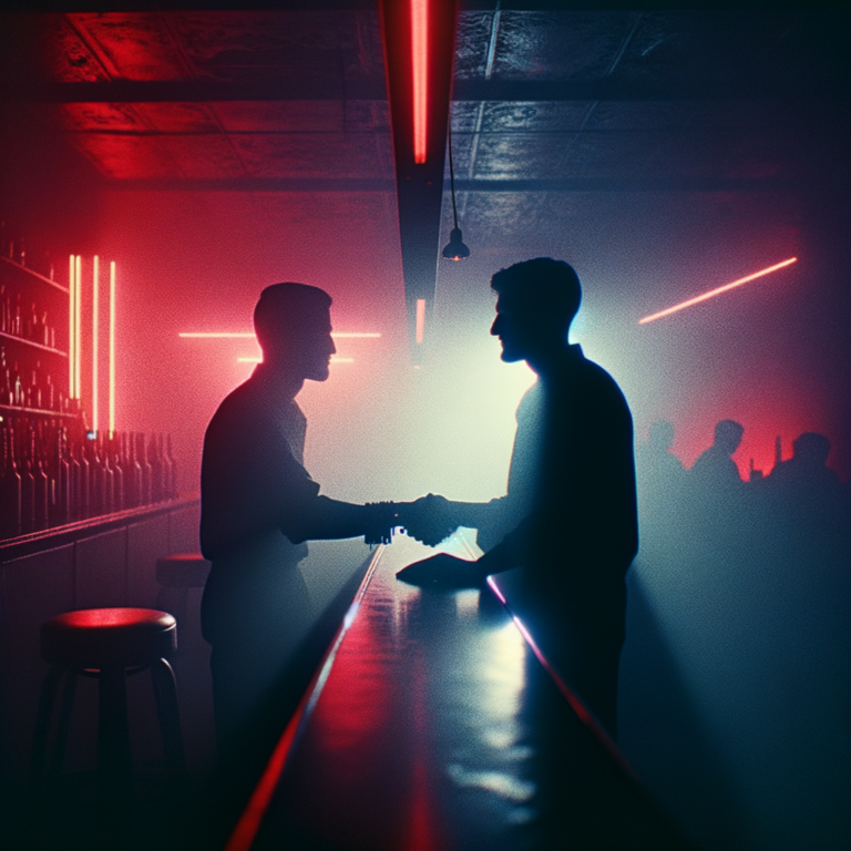 Two silhouettes shaking hands in a dark nightclub backlit by neon