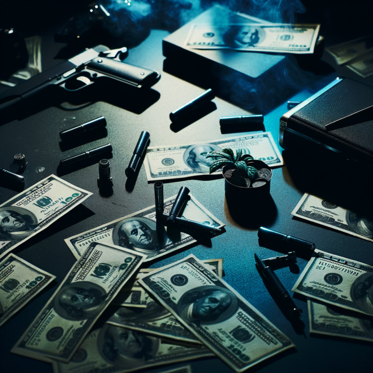 Scattered cash on a dark surface under cold blue light