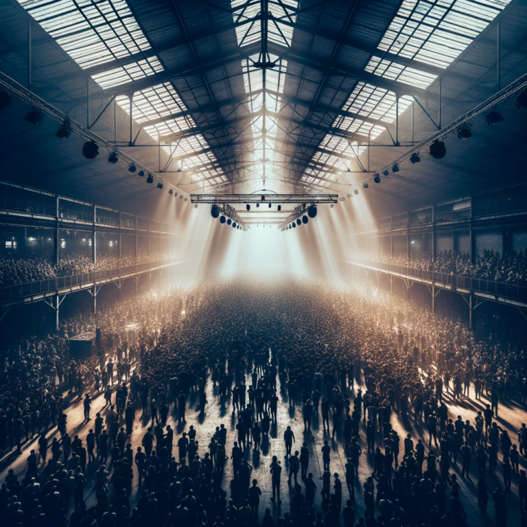 Aerial view of a packed nightclub crowd in warehouse space