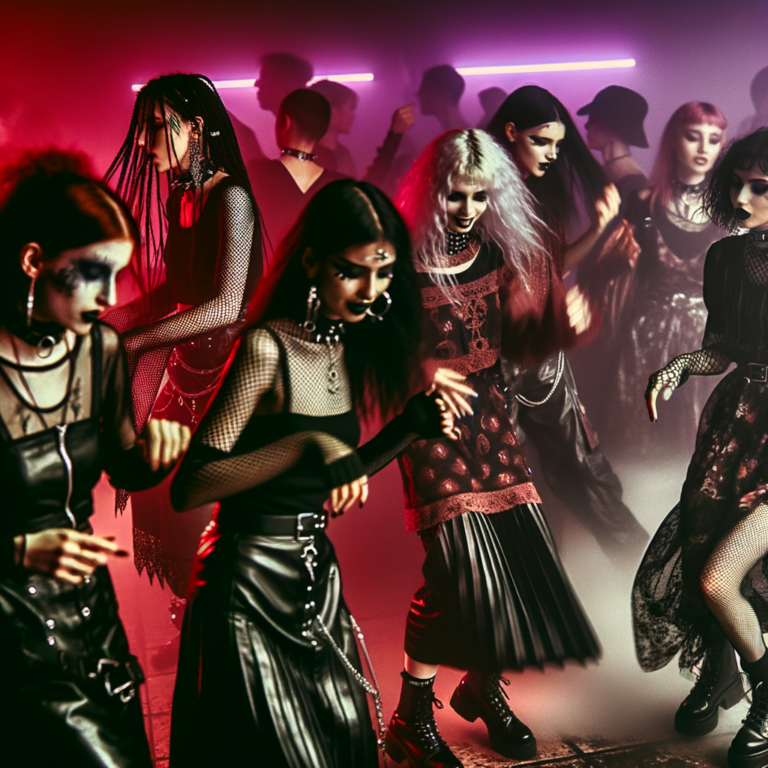 Women in dark alternative fashion on an underground techno dance floor