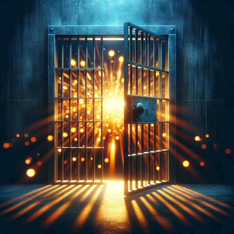 Jail cell door opening to reveal golden light and nightlife beyond, representing the arrest paradox