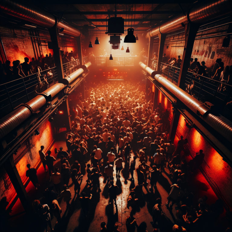 Packed dancefloor at a Brooklyn venue under warm amber and red lighting