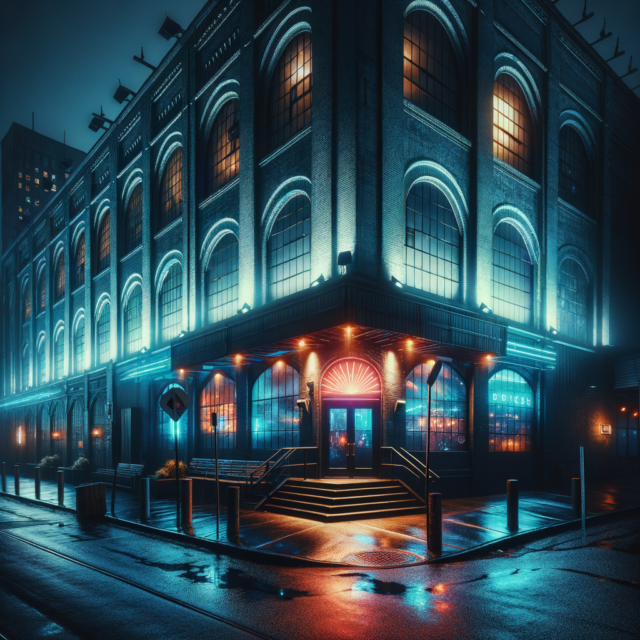 Brooklyn Monarch nightclub exterior at night with industrial architecture