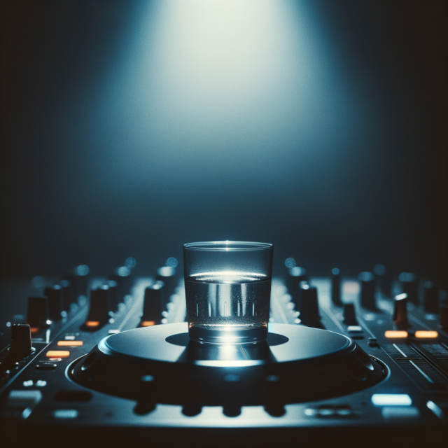 Glass of water on a DJ mixer in a dark club setting representing sobriety in nightlife