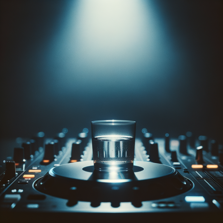 Glass of water on a DJ mixer in a dark club setting representing sobriety in nightlife