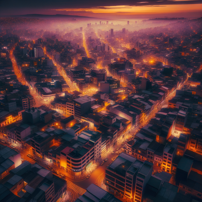 Mexico City skyline at dusk with warm golden and purple lighting