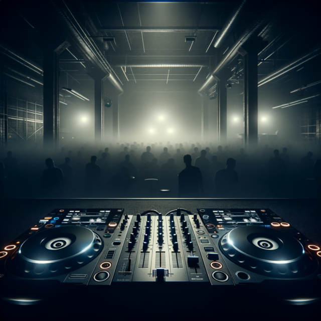 Empty DJ booth with CDJ turntables silhouetted against a dark dancefloor