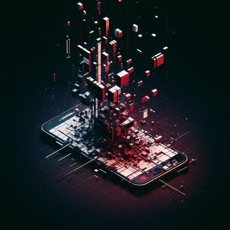 Shattered digital interface fragments floating in darkness