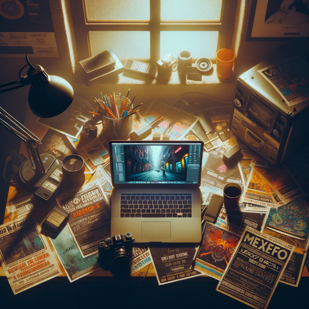 Laptop surrounded by event flyers on a desk in dim warm light