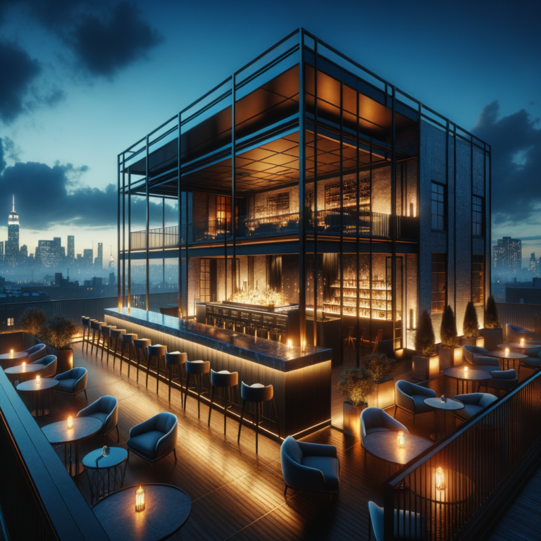 Boutique hotel rooftop venue at dusk with DJ setup and Brooklyn skyline