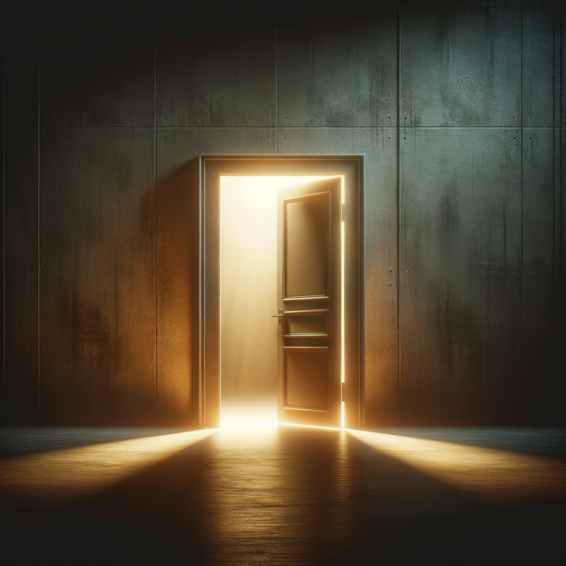 Abstract dark artwork of an illuminated doorway representing open access