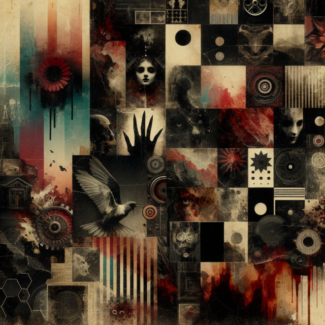 Abstract dark surrealist collage representing dark culture across creative mediums