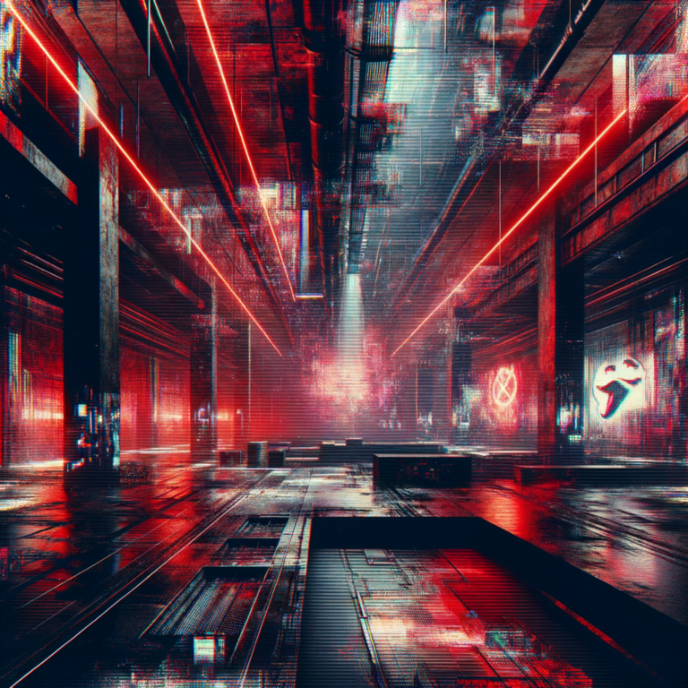 Dark underground venue with glitch art aesthetic representing shitposting culture