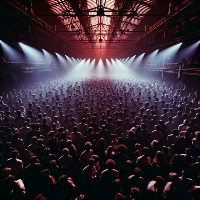 Aerial view of a packed dancefloor representing radical inclusivity in dark music culture