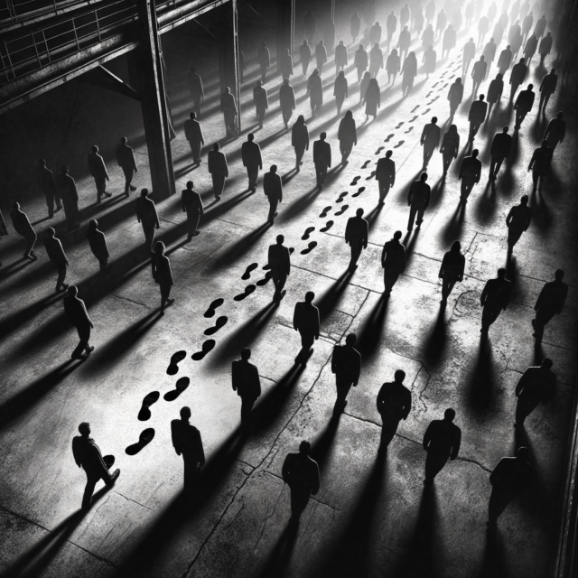 Footprints going against the direction of the crowd on industrial concrete floor