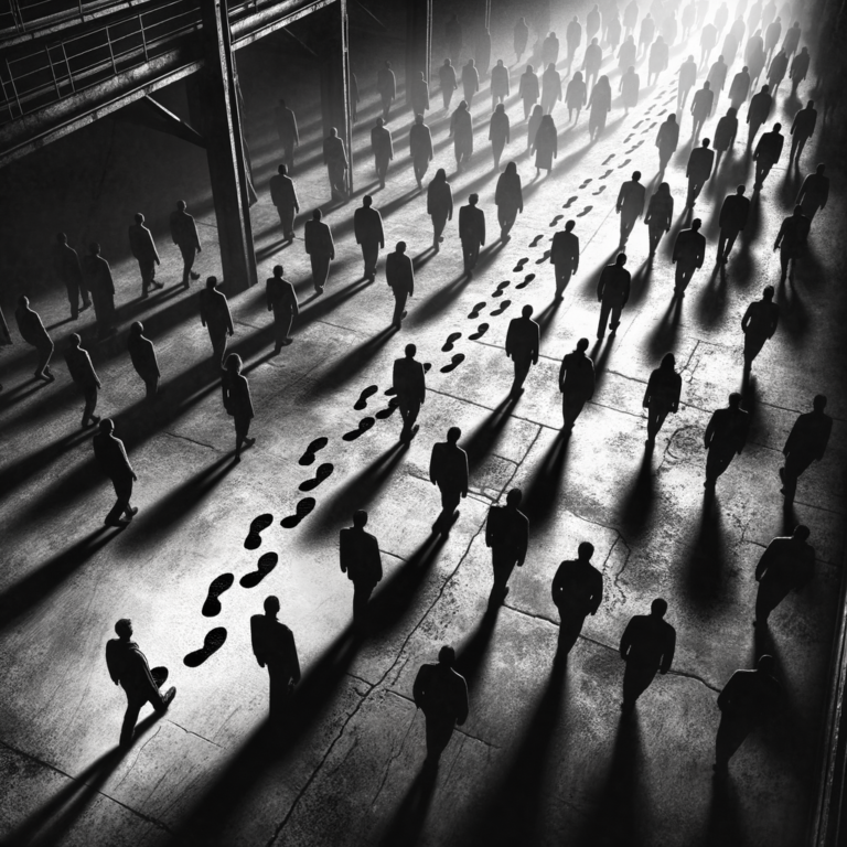 Footprints going against the direction of the crowd on industrial concrete floor