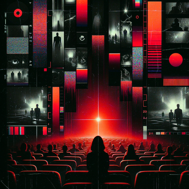Dark cinematic collage in red and black tones