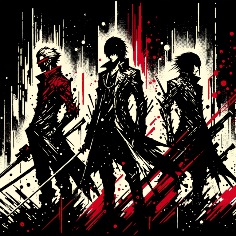 Dark manga-inspired abstract art in red and black