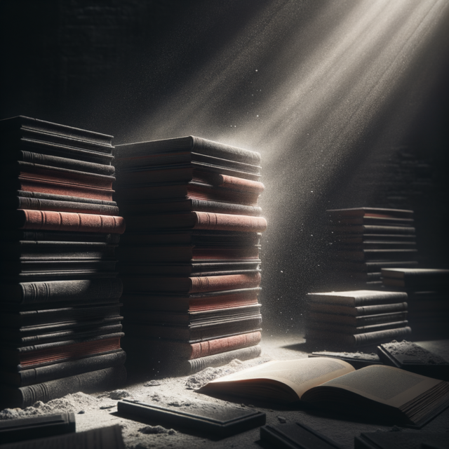Dark stack of books in dramatic red and black lighting