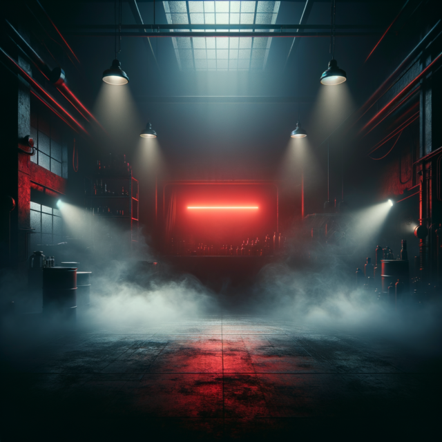 Dark underground nightclub atmosphere with red neon light cutting through smoke