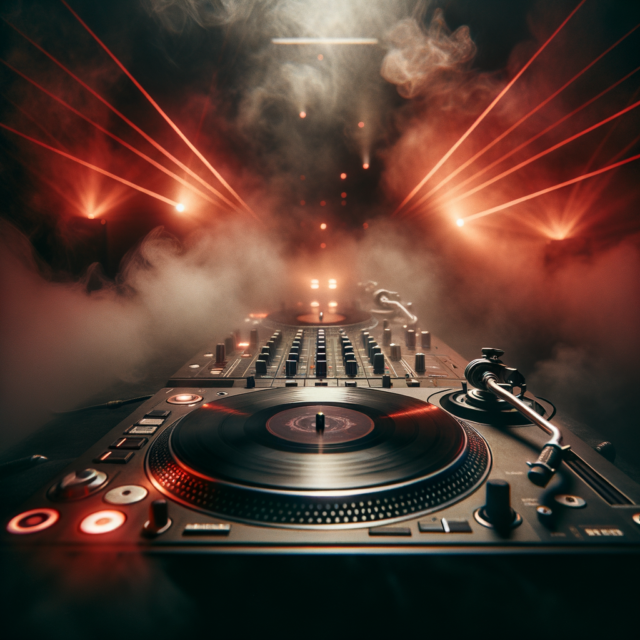 Dark underground DJ booth with intense atmospheric lighting