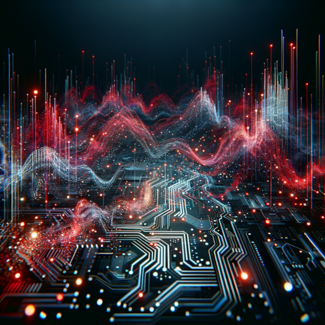 Circuit board patterns merging with soundwave visualizations in dark cyberpunk aesthetic