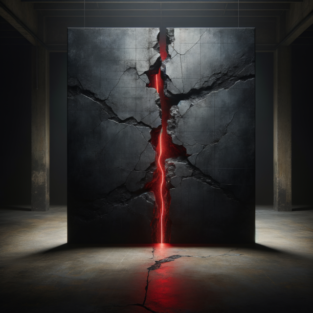 Cracked concrete wall with red light bleeding through symbolizing resilience