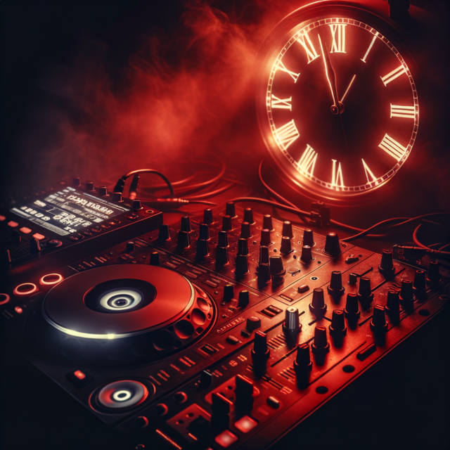 DJ equipment with dramatic lighting suggesting long-format event programming
