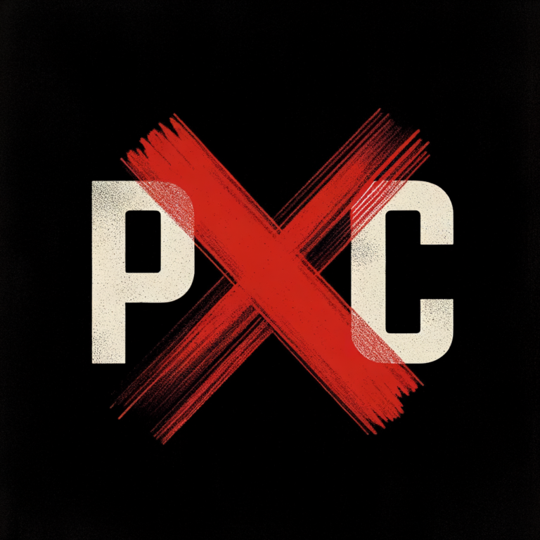 Abstract art with POC text crossed out