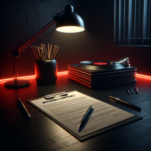 Dark editorial scene of DJ booking with vinyl records and moody lighting