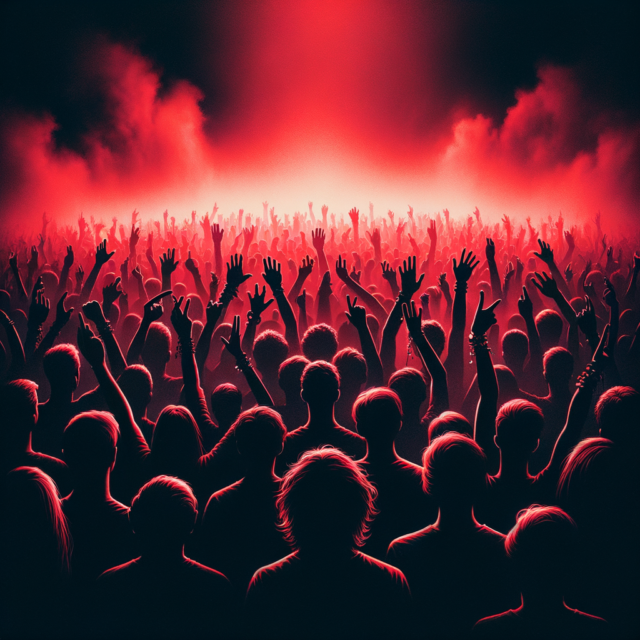 Intense dark rave crowd silhouettes with red and black atmosphere