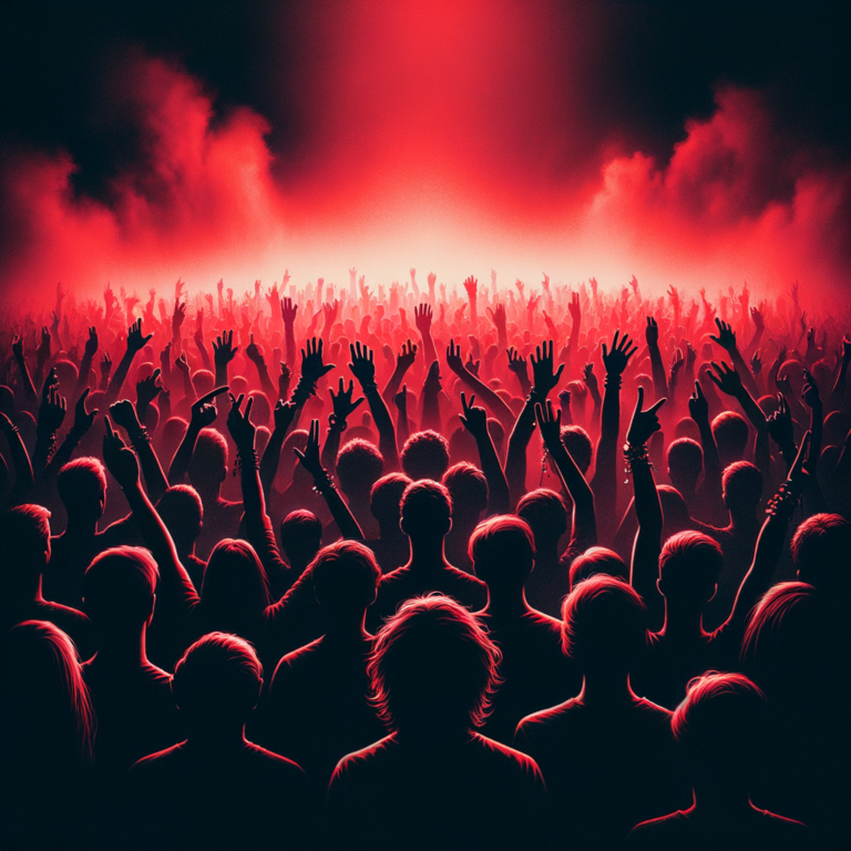 Intense dark rave crowd silhouettes with red and black atmosphere