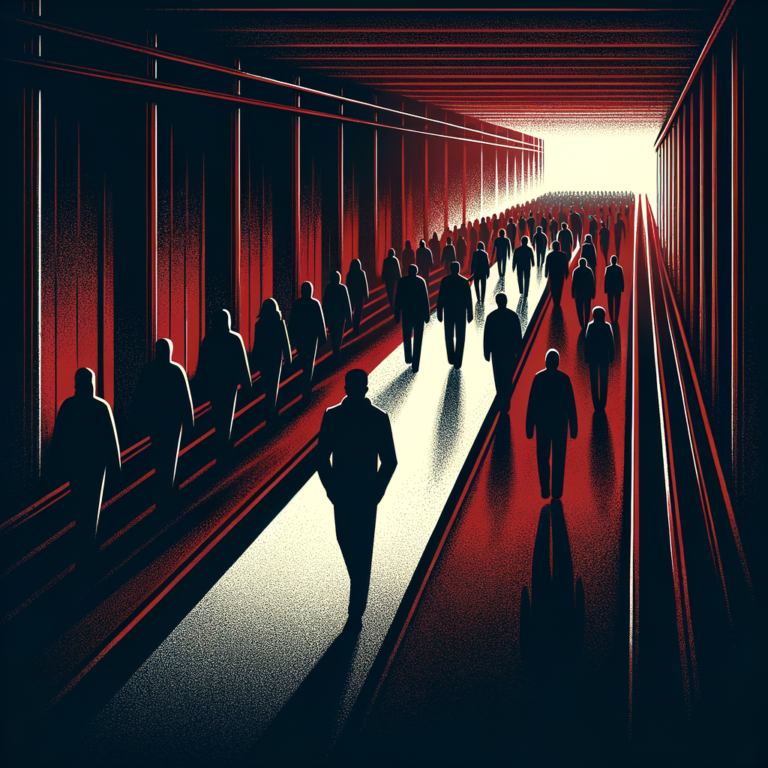 Silhouetted figure standing against the crowd in a dark industrial corridor