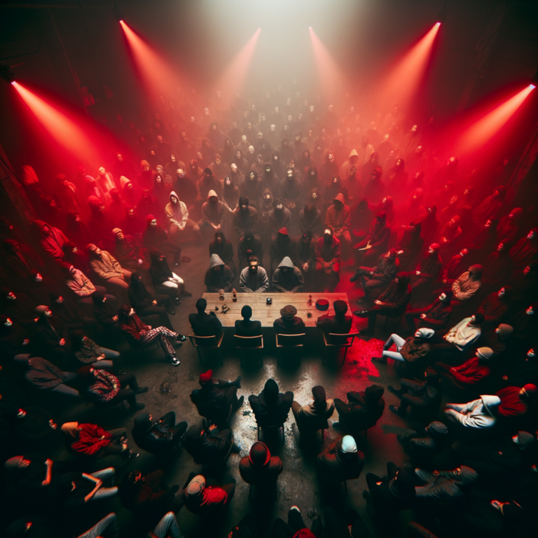 Dark overhead view of packed community dance floor with red lighting