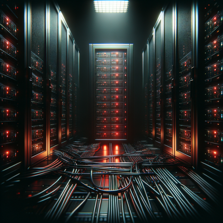 Server rack with glowing red indicator lights symbolizing digital infrastructure control