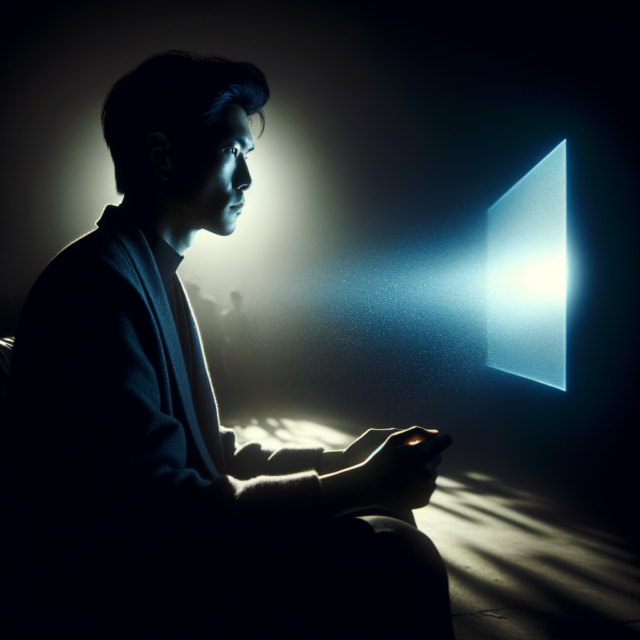 Solitary figure learning from glowing screen in darkness