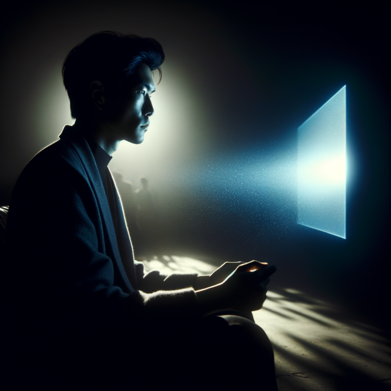 Solitary figure learning from glowing screen in darkness