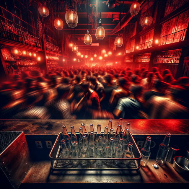 Empty bottles on bar with packed dancefloor behind