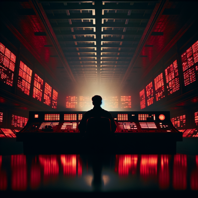 Dark solitary figure at a control desk with red glowing screens