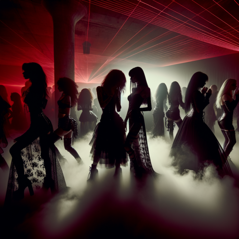 Goth women silhouettes dancing in red fog