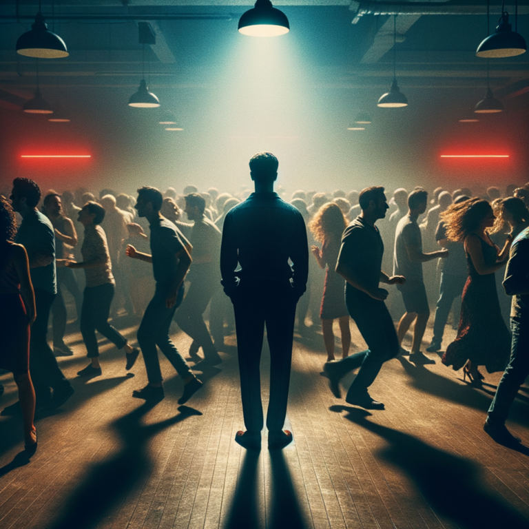Solitary figure standing still in crowded dance floor