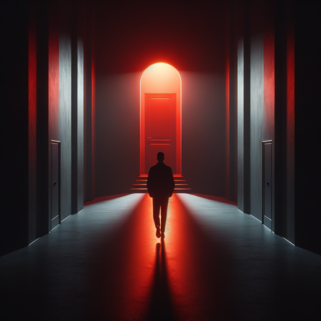 Dark corridor with lone figure approaching a glowing red door