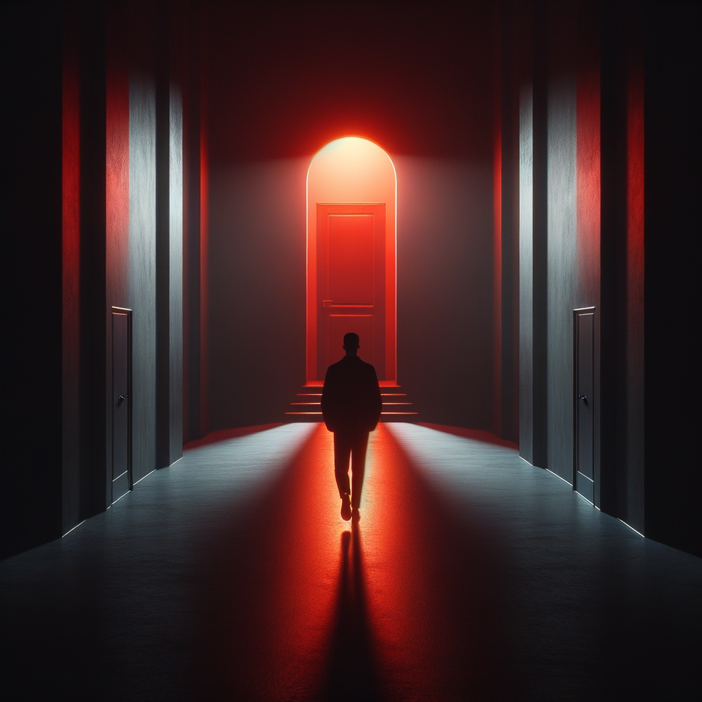 Dark corridor with lone figure approaching a glowing red door